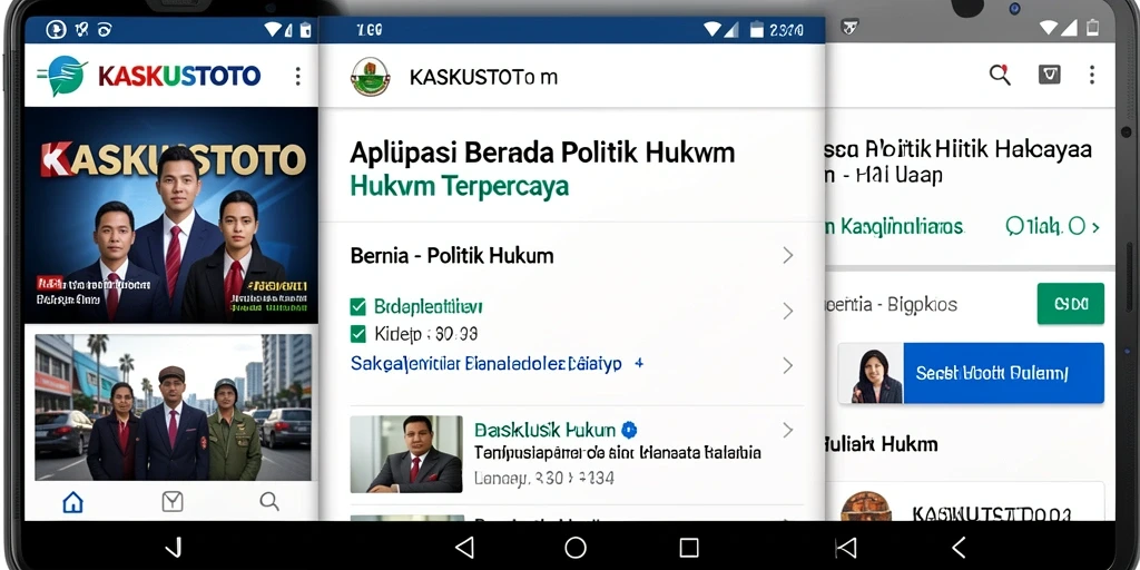 Antarmuka aplikasi KASKUSTOTO dengan berita politik dan hukum.